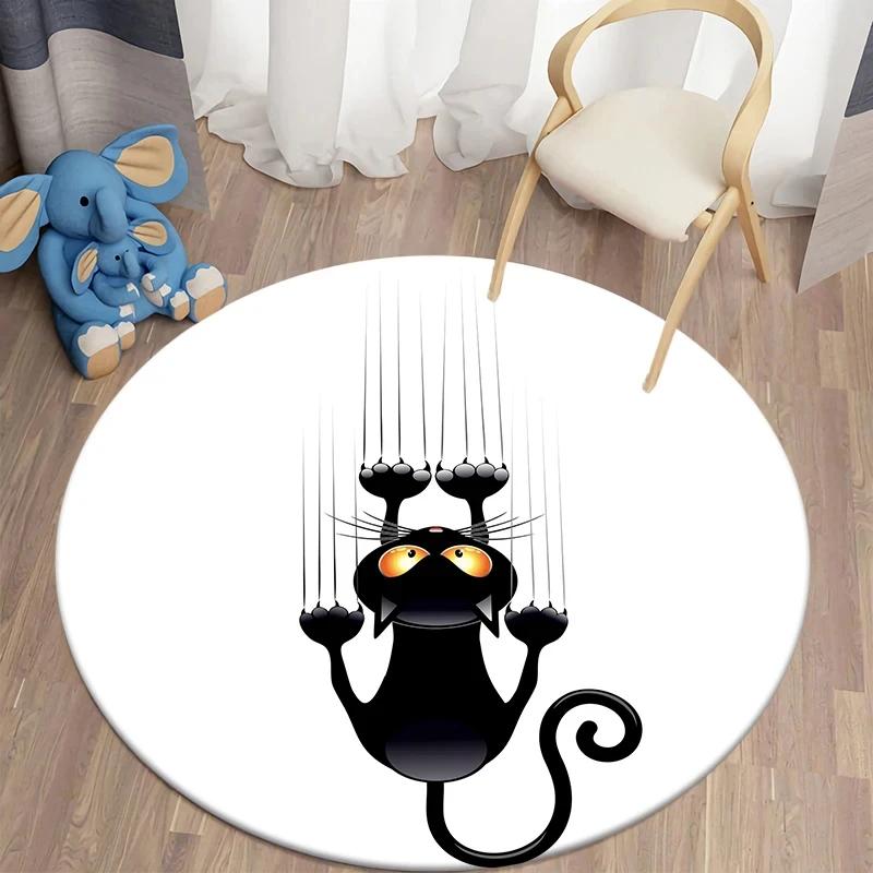 Круглый ковер с черным котом Кавайный ковер с мультяшным животным принтом для гостиной, спальни, декора для стула, комфортный коврик для йоги, нескользящие напольные коврики