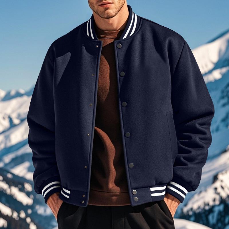 Men's American Style Stand Collar Baseball Jacket & Long Pants Set, Fleece Lined Loose Casual Sports Outfit for Autumn Winter