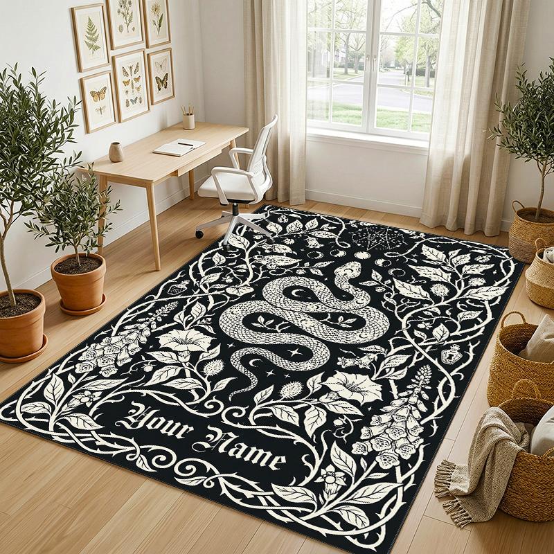 Serpent Floral Theme Soft Crystal Velvet Rug Custom Name & Text Print Non Slip Floor Rug for Bedroom Living Room