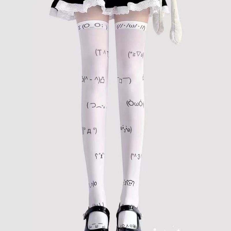 Kawaii Expression White Graffiti Letter Print Long Socks Japanese JK Harajuku Over Knee Thigh High Stockings Cosplay Socks