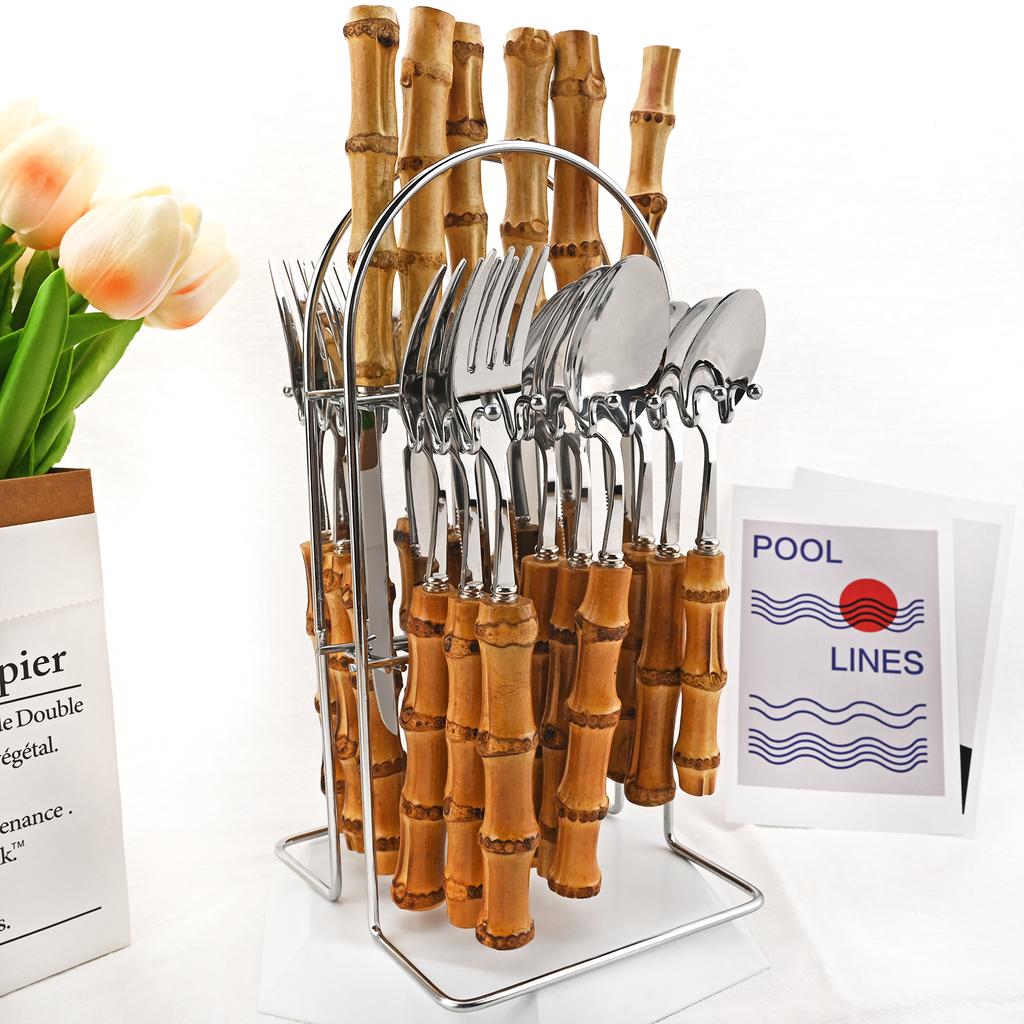 Роскошный набор столовых приборов из бамбука из 24 предметов - прочная серебристая посуда из нержавеющей стали с держателем для столовых приборов, зеркальная полировка