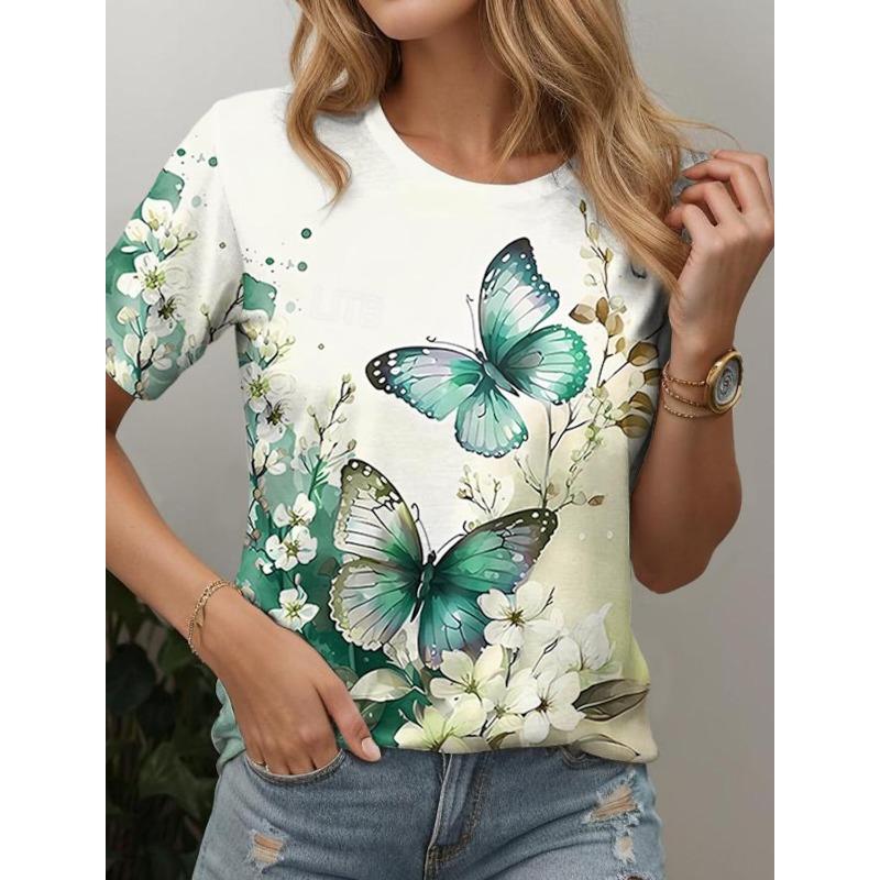 3D Print Butterfly Graphics T Shirt Women's T Shirt Animal Weekend Short Sleeve Tee Fashion Round Neck Tops Summer