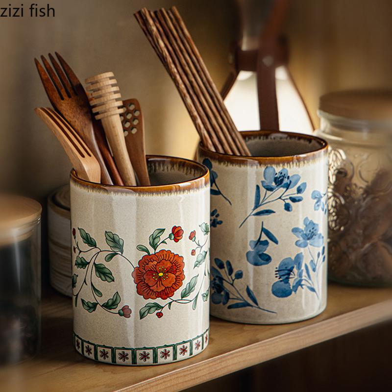 Vintage Ceramic Chopstick Holder Creative Storage Jar Chopstick Storage Cylinder Knife Fork Spoon Storage Rack Kitchenware