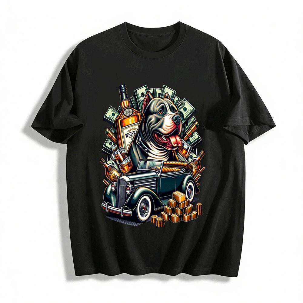 Стильная футболка с принтом Pitbull Vintage Car Whiskey Money, повседневная, из чистого хлопка