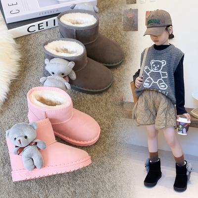 Детские толстые зимние сапоги с кашемиром, новая зимняя хлопковая обувь для девочек с милым мультяшным медведем, хлопковая обувь для мальчиков