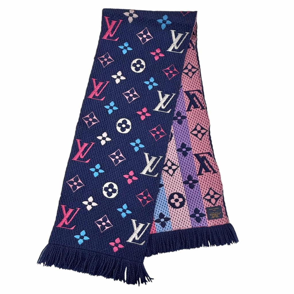 Great LOUIS VUITTON Scarf Escalp Logo Mania Navy wool Women M70899 Used
