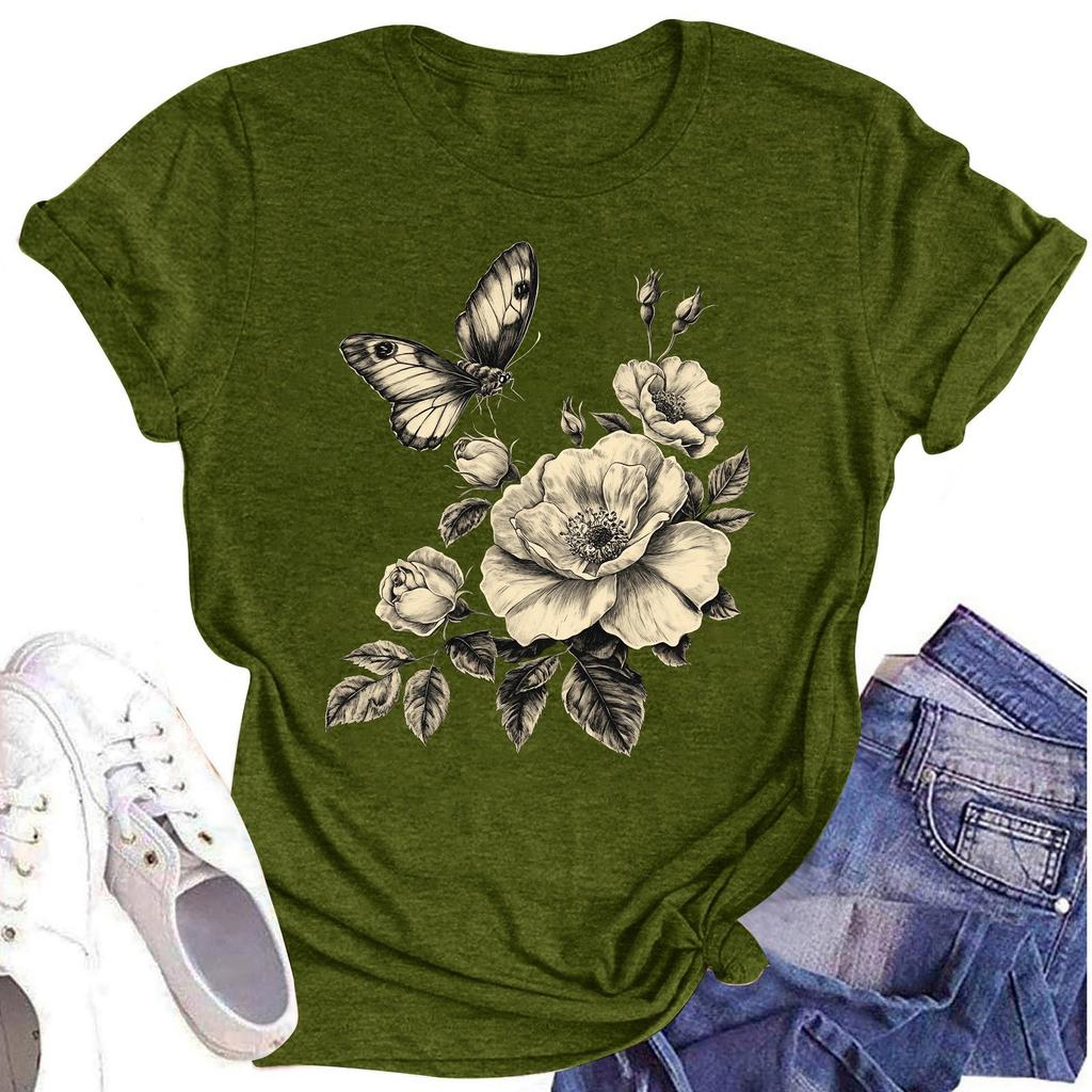 Женская повседневная футболка с круглым вырезом и цветочным принтом, короткий рукав