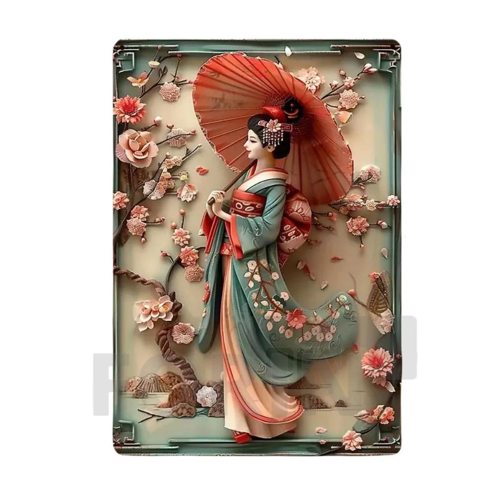 Японская гейша кимоно металлический знак, 2D элегантный японский постер с цветущей вишней, для дома, комнаты, офиса, идзакая, кафе, студии настенный декор