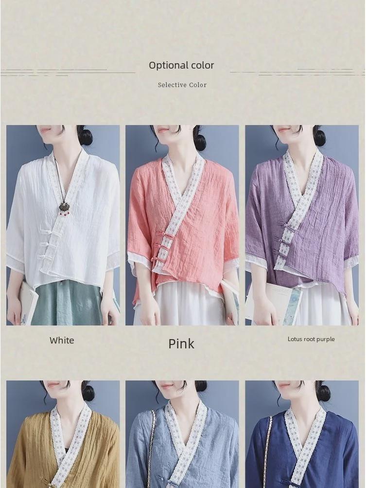 Женская китайская ретро-рубашка из хлопка и льна: Элегантный весенне-летний топ с рукавами три четверти