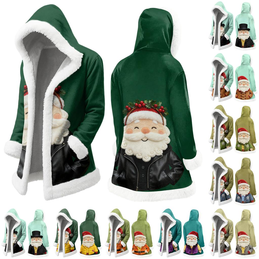 Unisex Casual And Fashionable Plush Collar Hooded Long Sleeved Christmas Printing Jacket