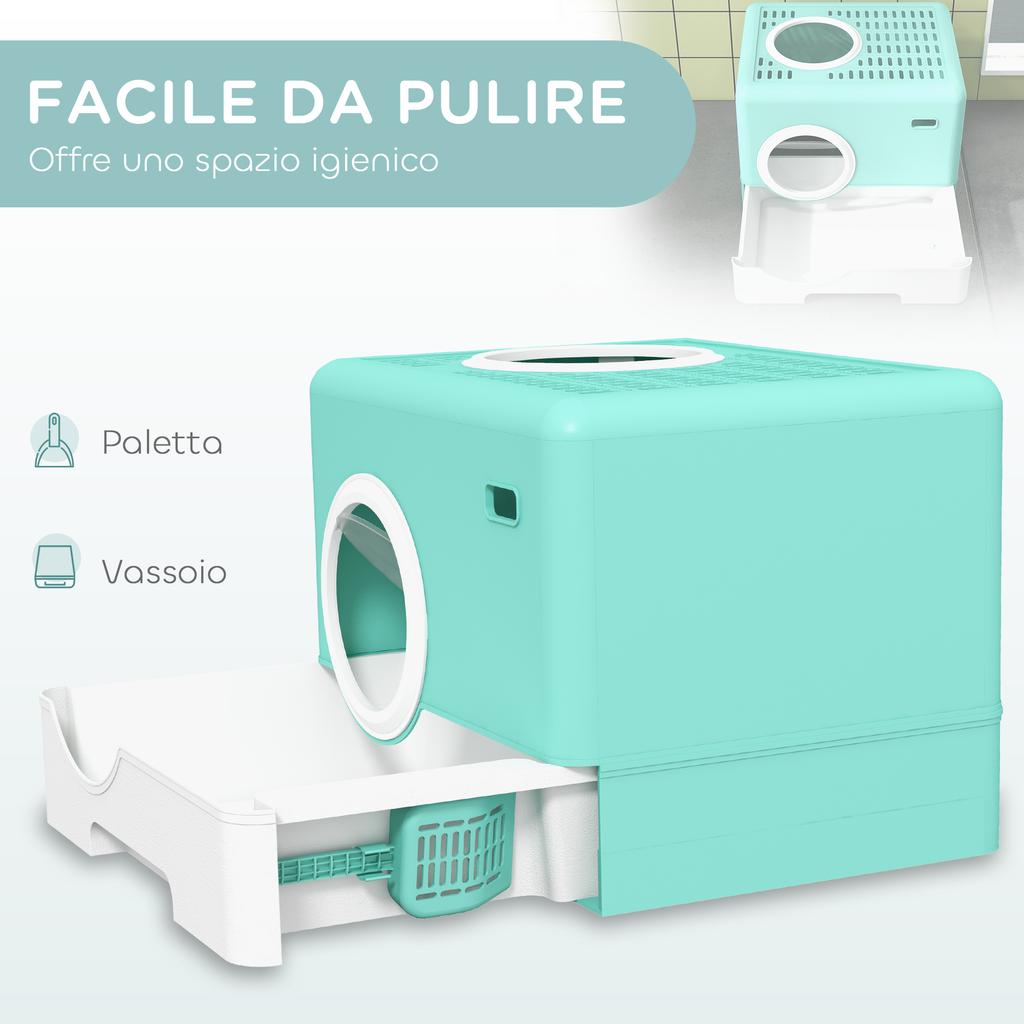Cat Litter Box with Lid and Scoop. Double Entrance and Removable Tray. 52x41x38.5cm. Green
