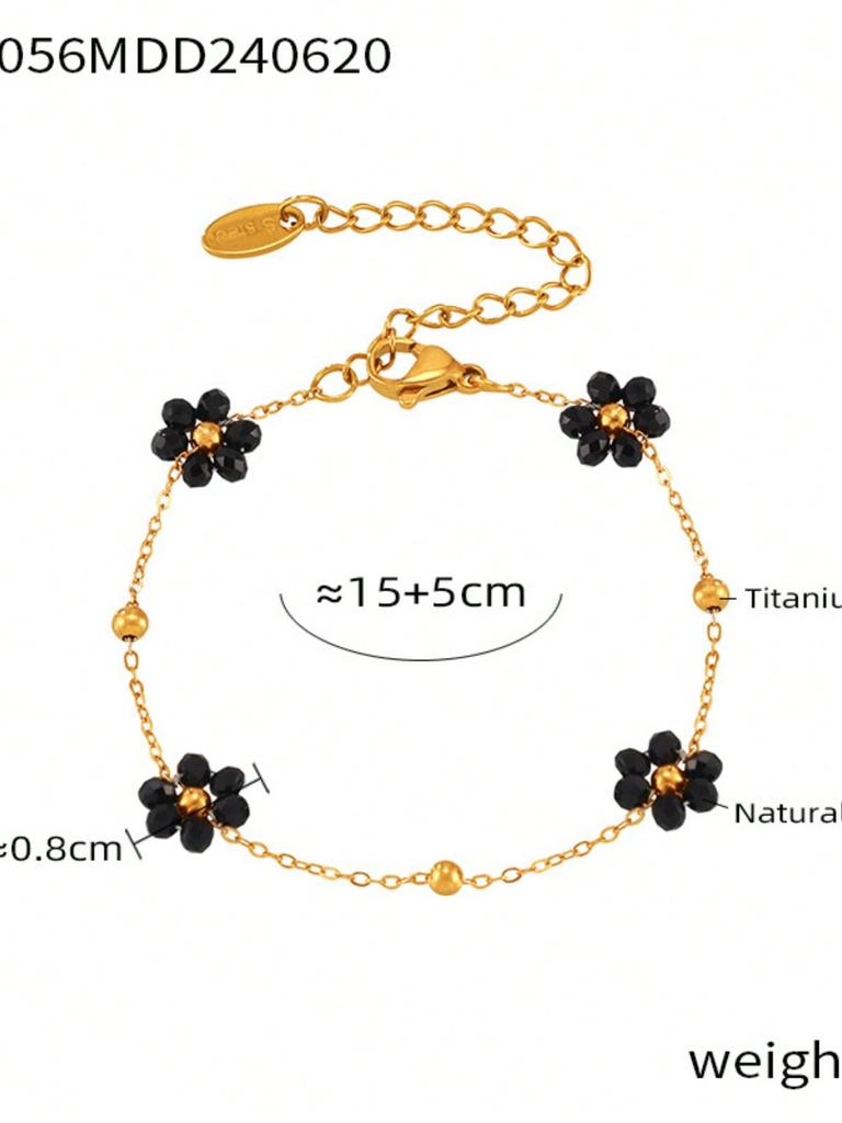 1 Набор Винтажный Британский Стиль Нержавеющая Сталь Циркониевый Набор с Бусинами из Натурального Камня и Цветочным Декором, Женский Циркониевый Подарок