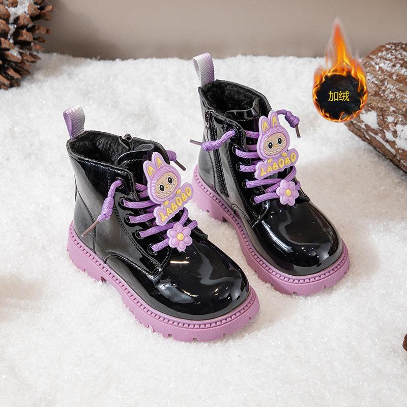 Girls' Martin Boots with Side Zipper, Autumn/Winter Labubu Princess Style Mid-Calf Boots, Shiny Leather, Waterproof, Soft Sole, Fashion Shoes for