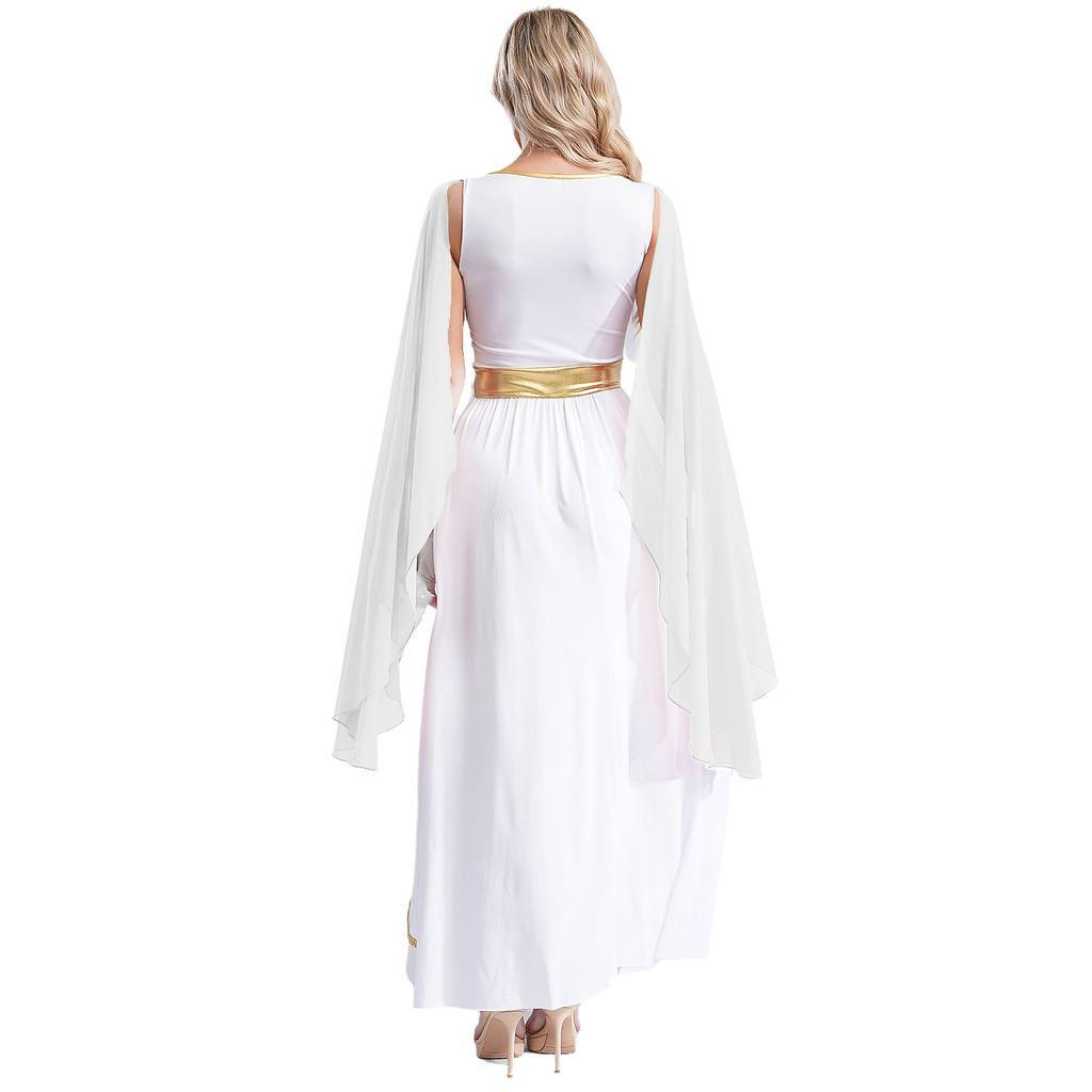 Womens Ancient Greek Beauty Dress V Neck Sleeveless Gold Trims Toga Greece Roman Queen Cosplay Costume