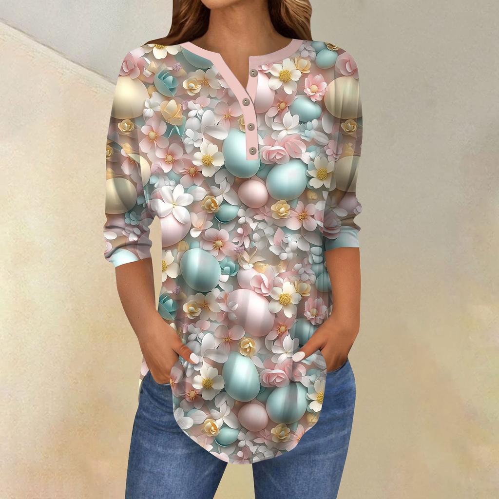 Women's 3/4 Sleeve Easter Egg Bunny Print Button Collar Fashion Casual Top