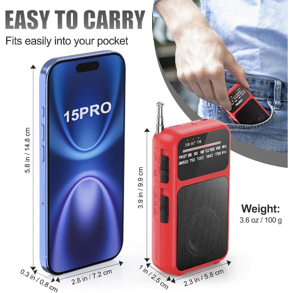 Карманный радиоприемник AM FM USB-C с зарядкой и питанием от аккумулятора, отличный прием, чистый звук, динамик и разъем для наушников, задняя клипса, фонарик, транзисторное радио