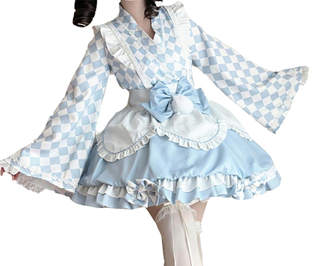 XHSUKADO Set Includes Mini and Cute Checkered Long Light Size S Women's 4-Piece Kimono/Yukata (Summer/Autumn) - Top, Skirt, Apron, Obi, Ribbon.