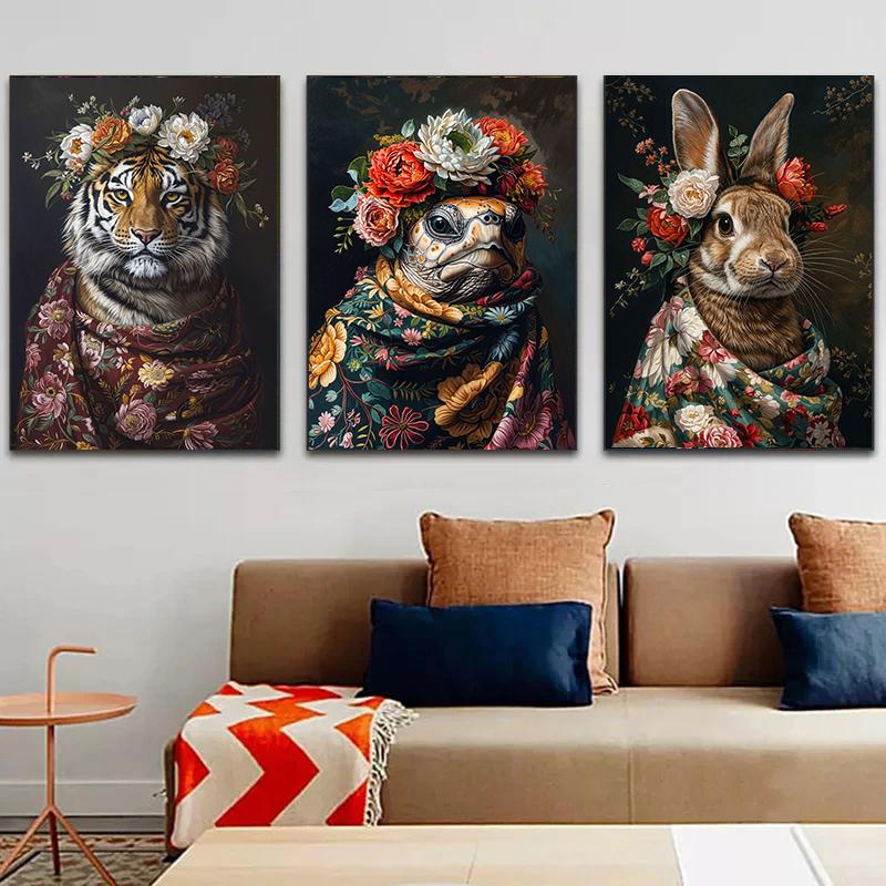 Retro Animals Posters Lion Wolf Rabbit Cat Dog Turtle with Flowers Print Canvas Painting Wall Art Picture Home Room Decor Mural
