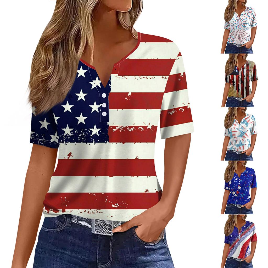 Women's Casual Independence Day Printed V-Neck Short Sleeve Embellished Button T-Shirt Top