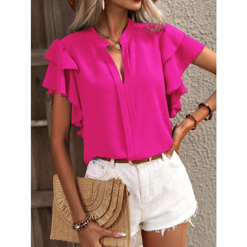 Women's Shirt Summer New V-neck Casual Ruffled Short Sleeve Solid Color Loose Shirt Tops Women Elegant Fashion Casual Women's Blouses