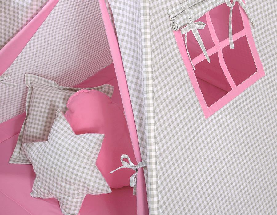 Tipi tent for children + feather pendants - gray-pink checkered pattern