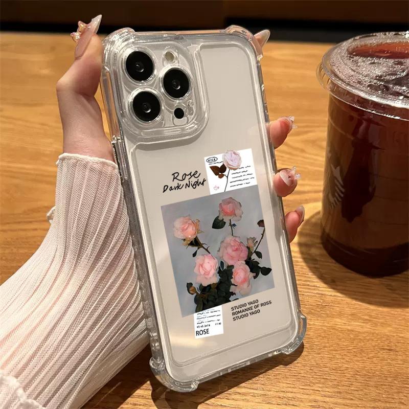 Чехол для iPhone 16 15 14 13 12 11 Pro Max 7 8 15 16 Plus X XR XS Max SE Милый прозрачный силиконовый мягкий чехол с розовым цветком