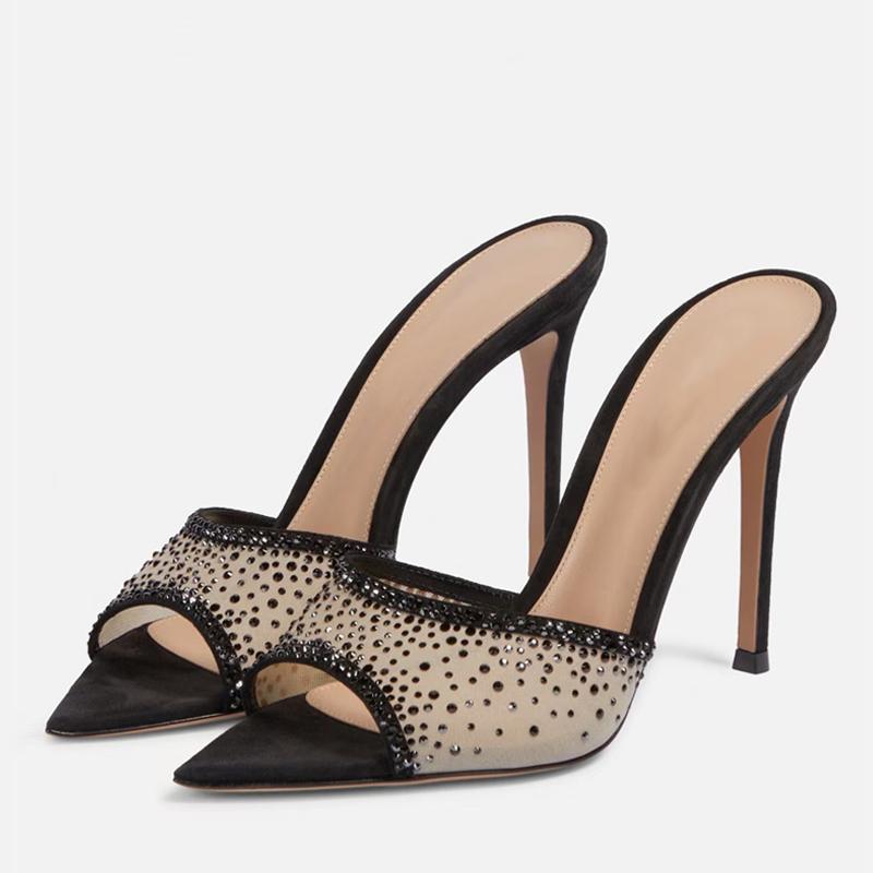 Liyke Летняя мода Кристалл Стразы сетчатые женские тапочки вечерние банкетные туфли мюли сексуальные острые носки тонкие высокие каблуки шлепанцы
