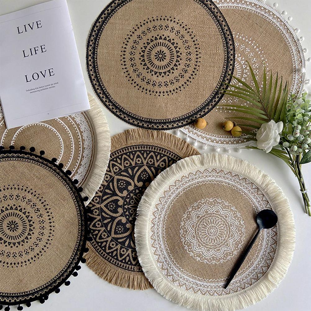 4pcs Jute Simple Tableware Mat Home Round Woven Mat Restaurant Retro Decorative Placemat