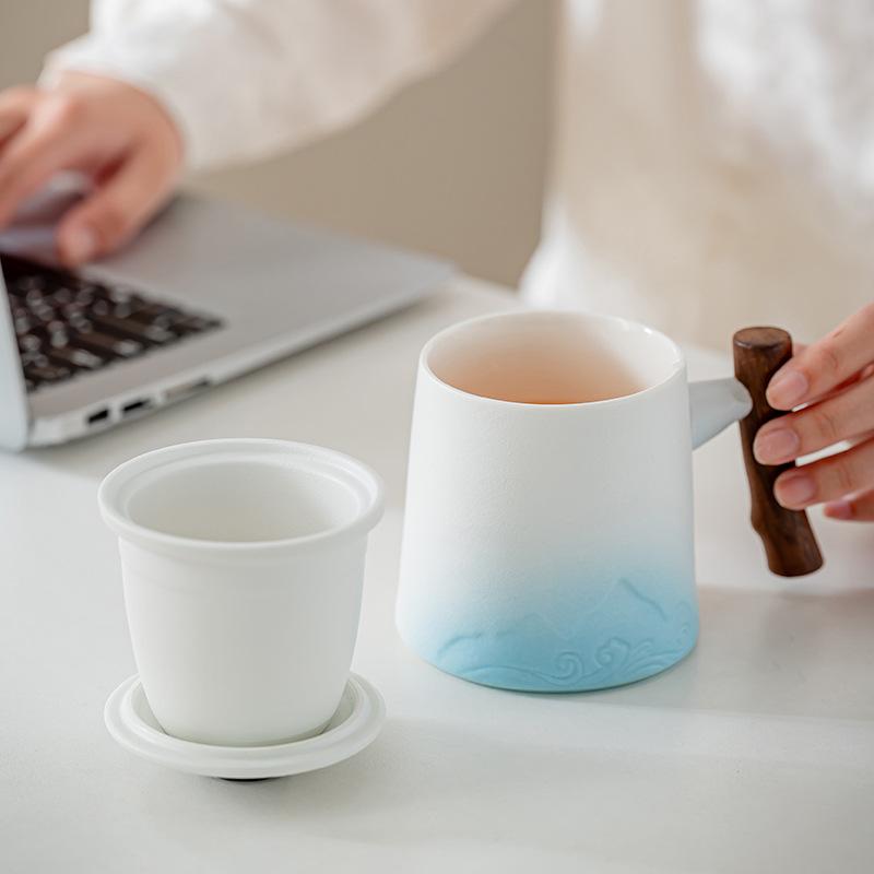 Gradual change high-grade coarse pottery office cup set Guochao ceramic mug tea separation business opening activities