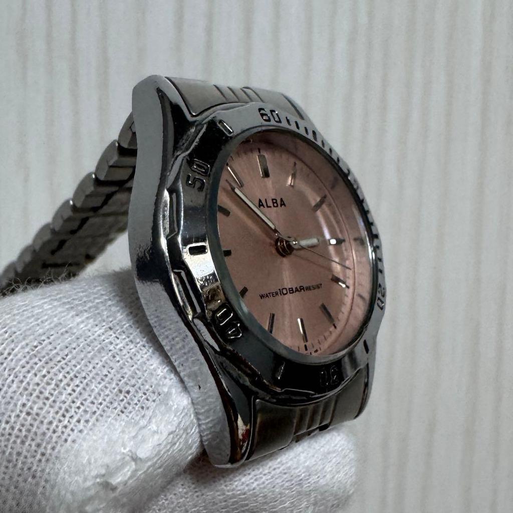 Б/у SEIKO ALBA Кварцевые Часы Рабочие Батарейка Заменена Серебристо-Розовый Циферблат