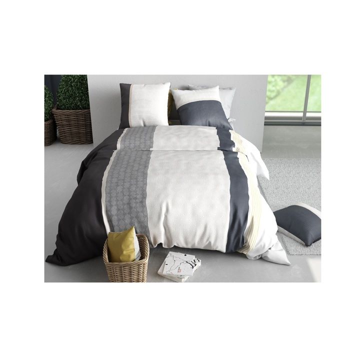 Parure de lit - Housse couette 220x240 cm - 2 taies - Bandes géométriques - Coton doux