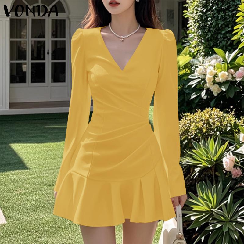 VONDA Женские элегантные платья с V-образным вырезом, плиссировкой и длинными рукавами, оборками по подолу