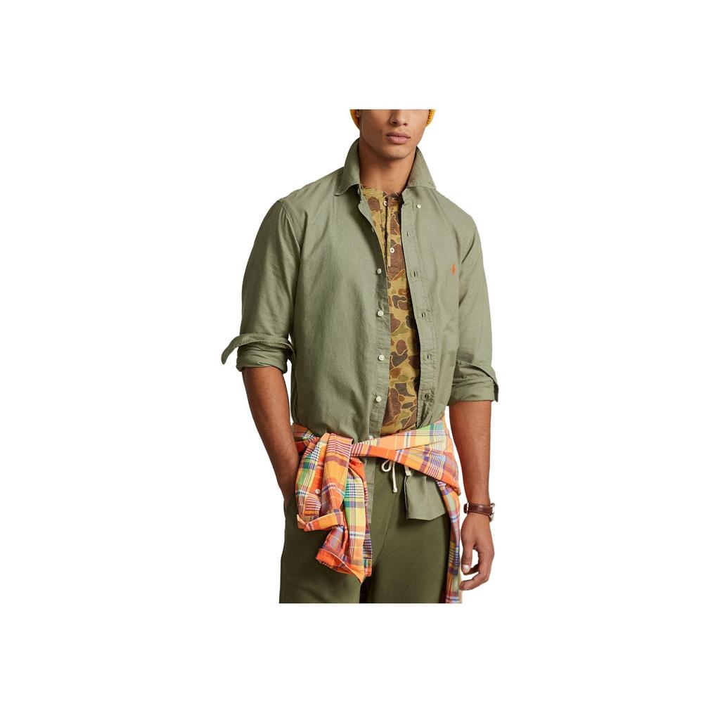 Polo Ralph Lauren Ss23 Однотонная однобортная рубашка с длинным рукавом и вышитым логотипом Мужские рубашки Зеленые 710847235-034