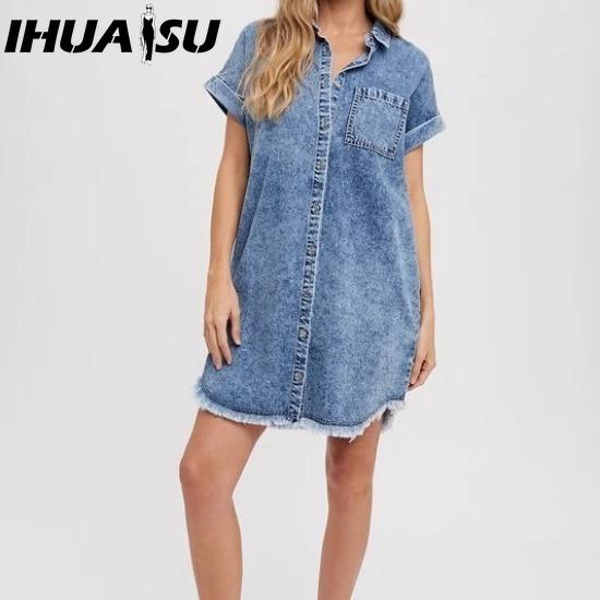 IHUASU Весна-лето Универсальный женский кардиган джинсовое платье с короткими рукавами