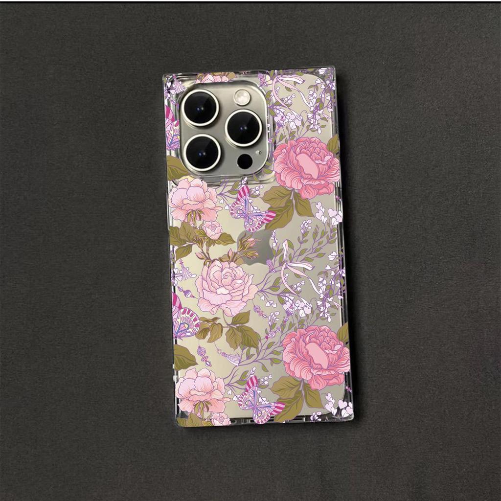 Прозрачный квадратный чехол-бампер для iPhone 13 12 15 Plus 14 Pro Max 11 16 ProMax, защита от окисления, с романтичным весенним узором
