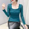 New Spring Clothing Slim Sexy Mesh Pleated Square Collar Long-sleeved T-shirt Women's Pullover Base Shirt