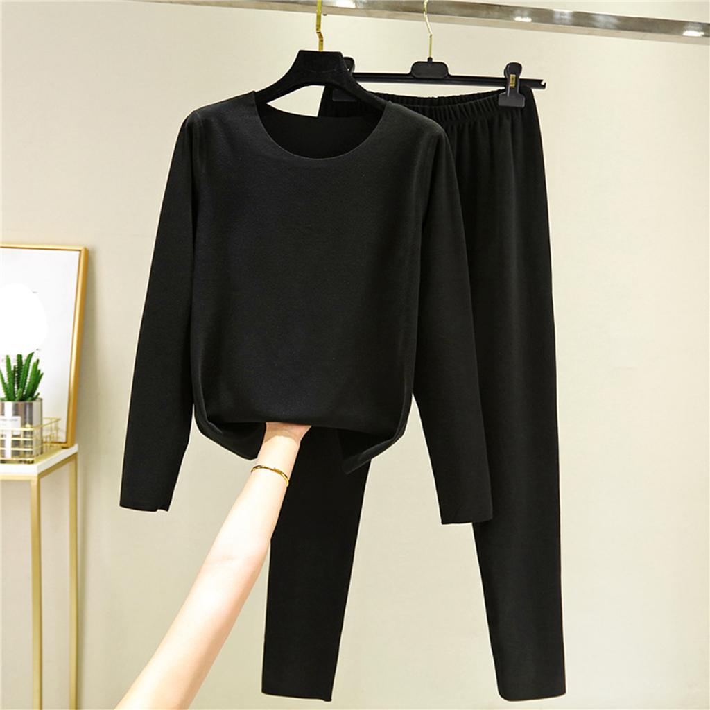 Ladies' Casual And Comfortable Long Sleeved Solid Color With Thick Velvet Sleepwear And Warm Pants Set