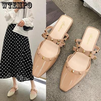 Офисные женские летне-осенние нескользящие тапочки большого размера Baotou, женские весенние однотонные туфли на низком каблуке со стразами