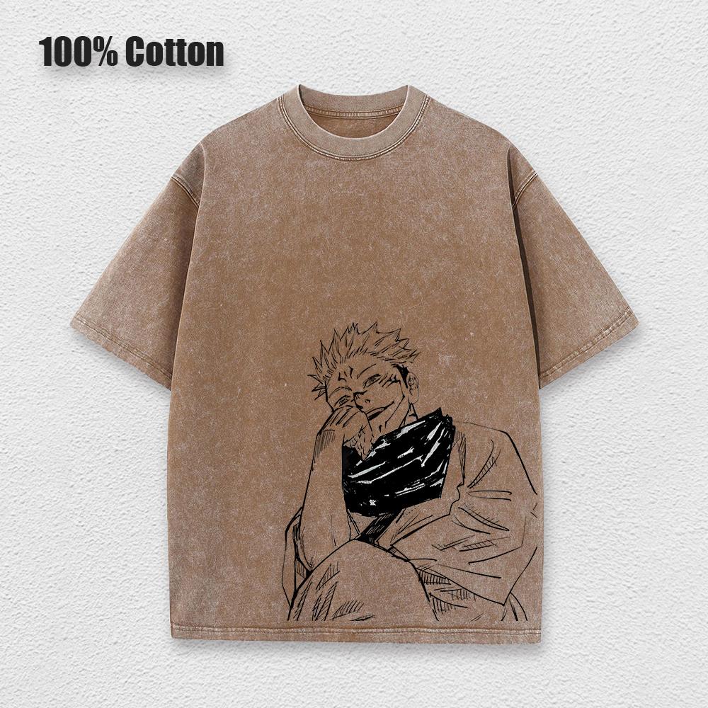 Аниме принтованная винтажная хлопковая футболка мужская футболка большого размера Harajuku летняя футболка с коротким рукавом женская винтажная выстиранная футболка
