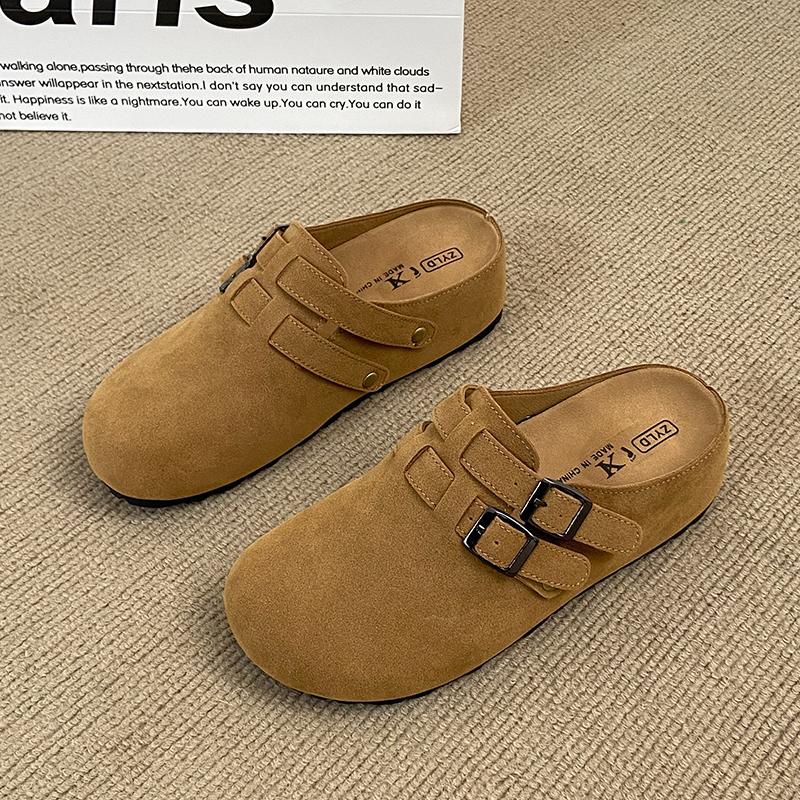 Модные дизайнерские женские замшевые мюли с закрытой пяткой, регулируемой пряжкой, слипоны, повседневные, мягкие внутри, обувь на танкетке, шлепанцы без задника для ходьбы