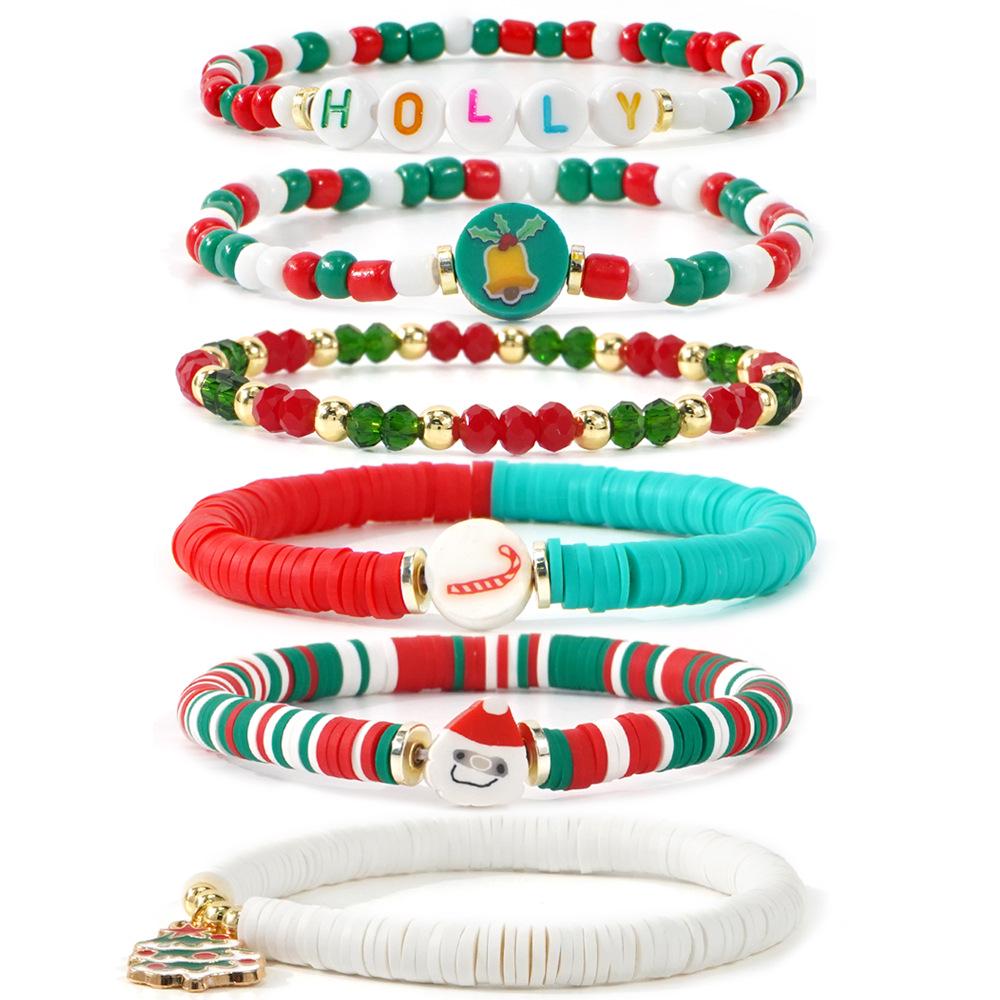 European & American Style Polymer Clay Bead Bracelet: Santa, Snowflake, Christmas Tree Elastic Design