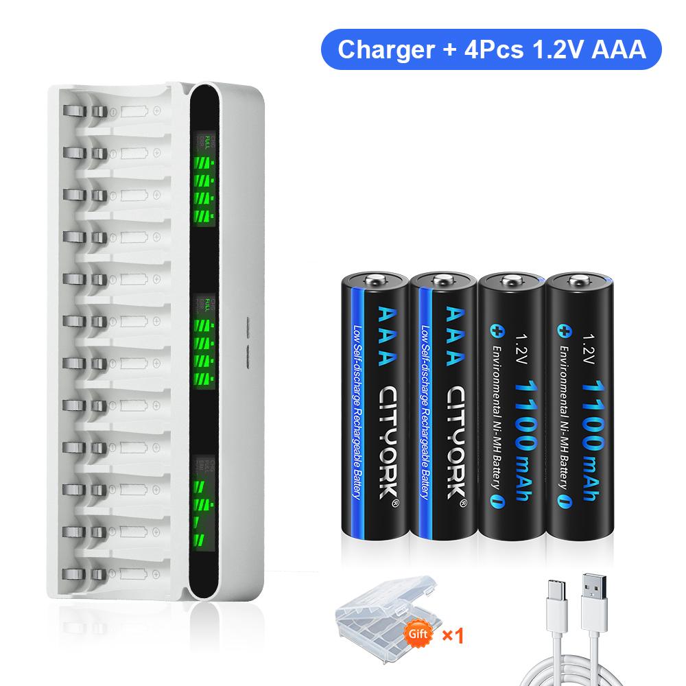 Charger and Battery Combo Kit 12 Slot Smart LCD USB/Type-C Hybrid 1.2V Battery Charger + 1.2V AA/AAA NiMH Rechargeable Battery