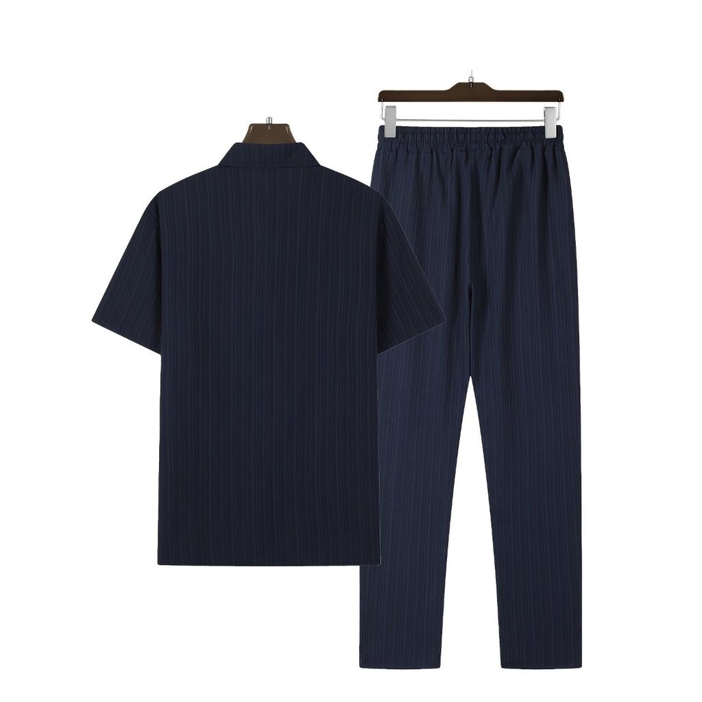 Мужская повседневная полосатая толстовка с коротким рукавом, воротником-стойкой на пуговицах и эластичным поясом, брюки из полиэстеровой ткани с добавлением эластана, двухкомпонентный