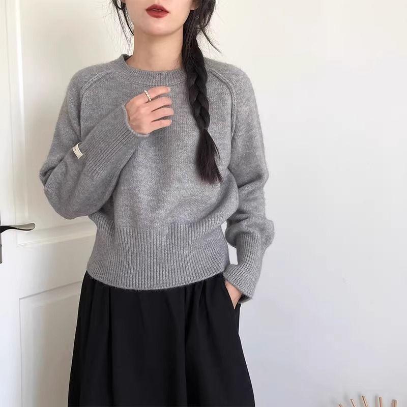 Новый корейский шикарный круглый вырез свободный свитер женский зимний однотонный низ рубашка трикотажные топы простой дизайн повседневный пуловер