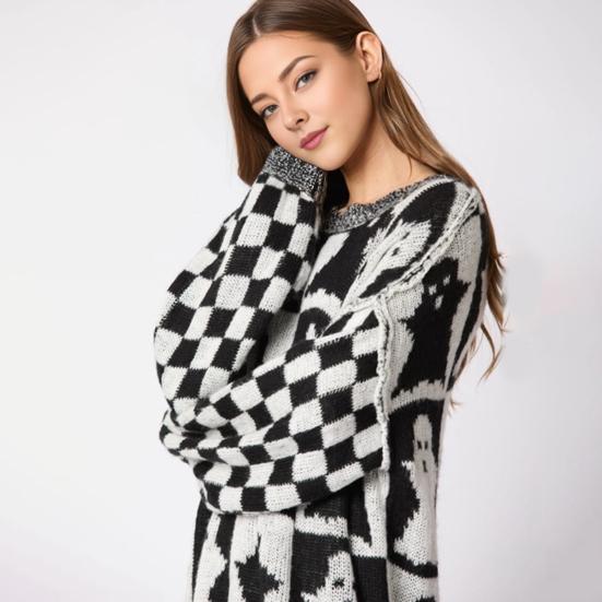 Женский свитер с круглым вырезом и длинным рукавом, эластичный трикотажный топ, свободный крой, узор в клетку, пуловер, топы, трикотаж