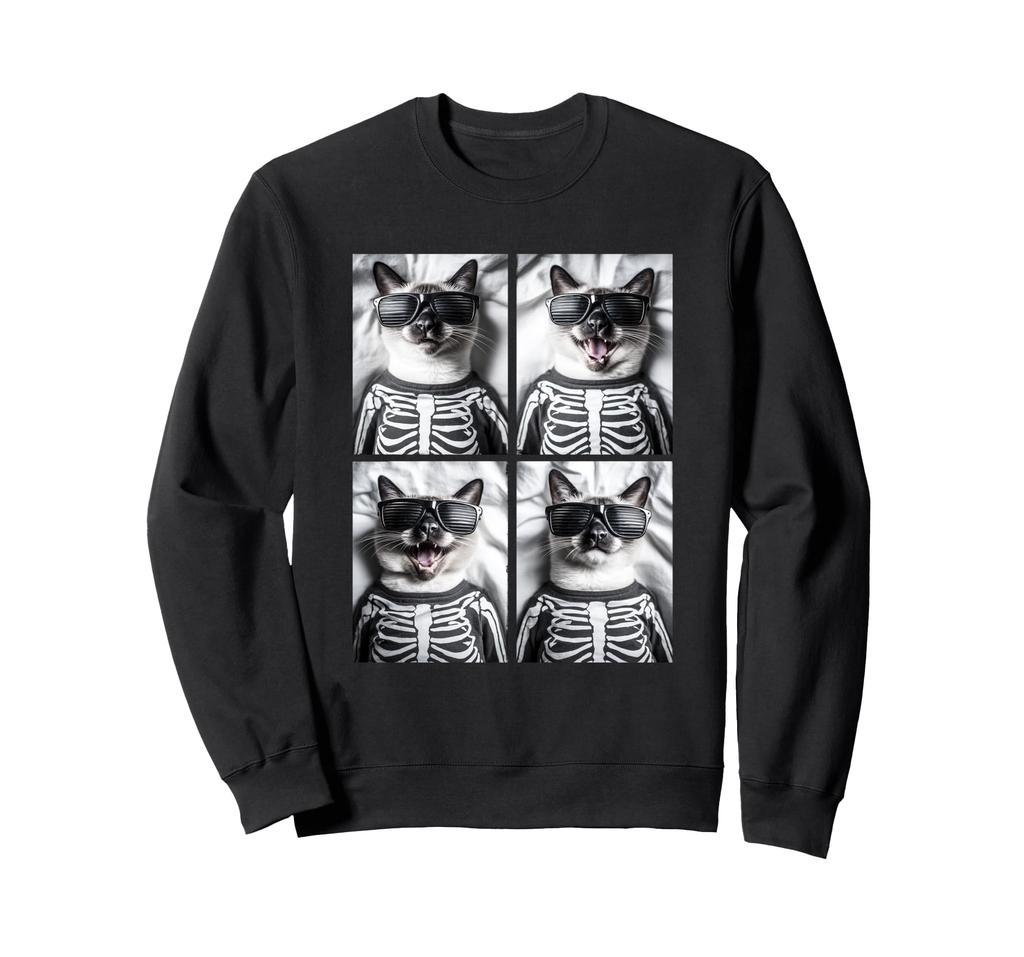 Funny Siamese Cat Skeleton Costume with Sunglasses, Halloween Sweatshirt