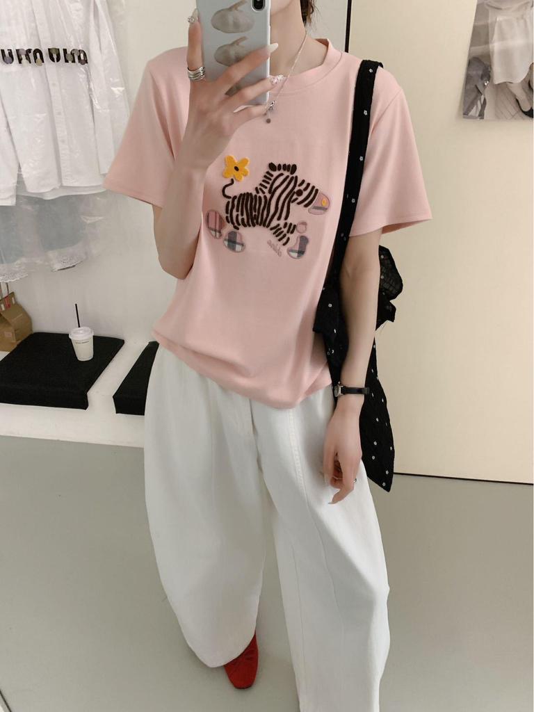 Korean Style Cartoon Zebra Embroidery Women's Loose Cotton Short Sleeve T-shirt