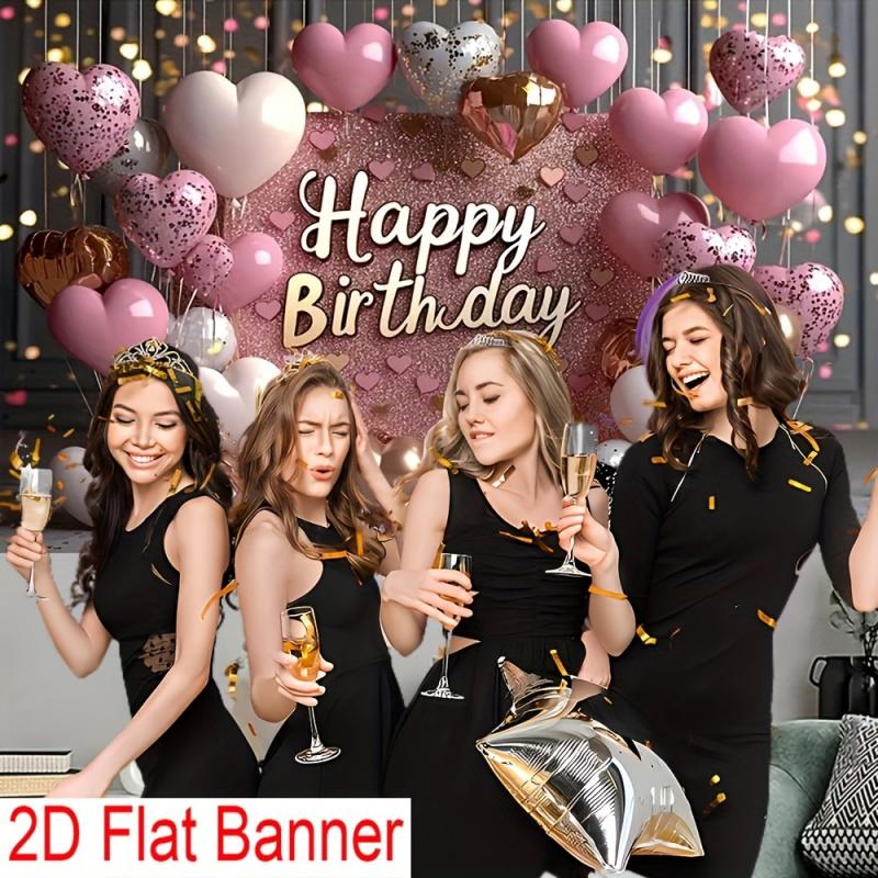 1Happy birthday Pink glitter background With balloons and hearts Suitable for parties No Power Supply Required