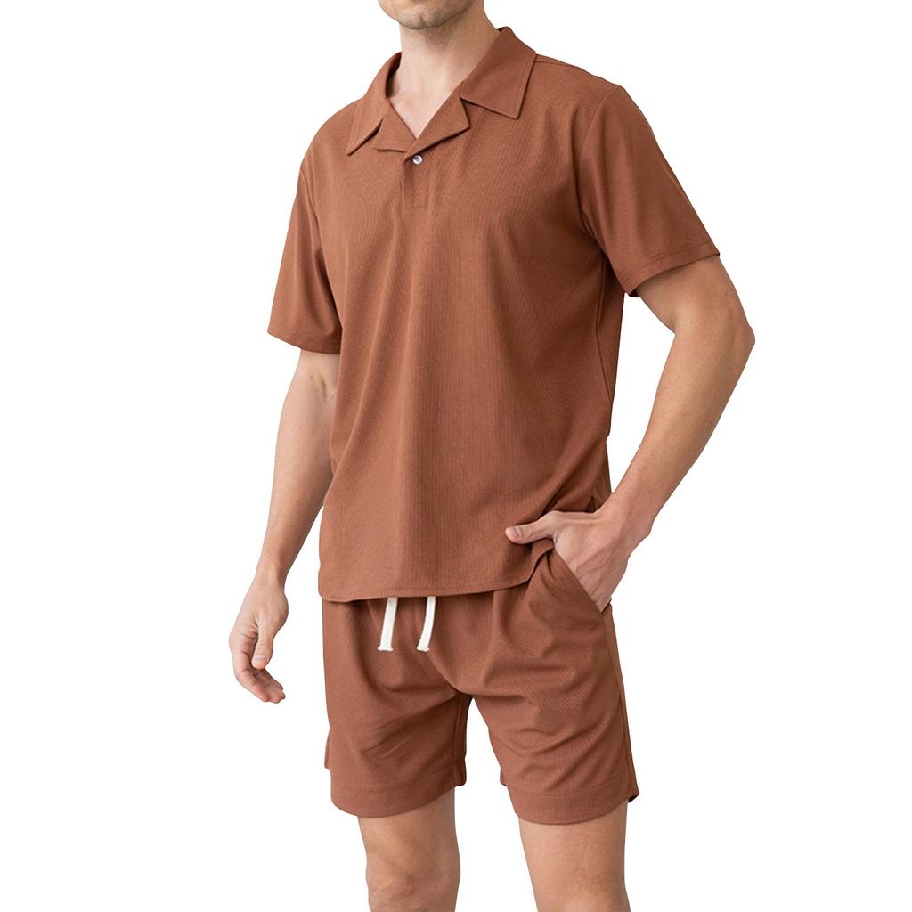 Мужская летняя дышащая повседневная футболка с кубинским воротником, однотонная рубашка и шорты, комплект