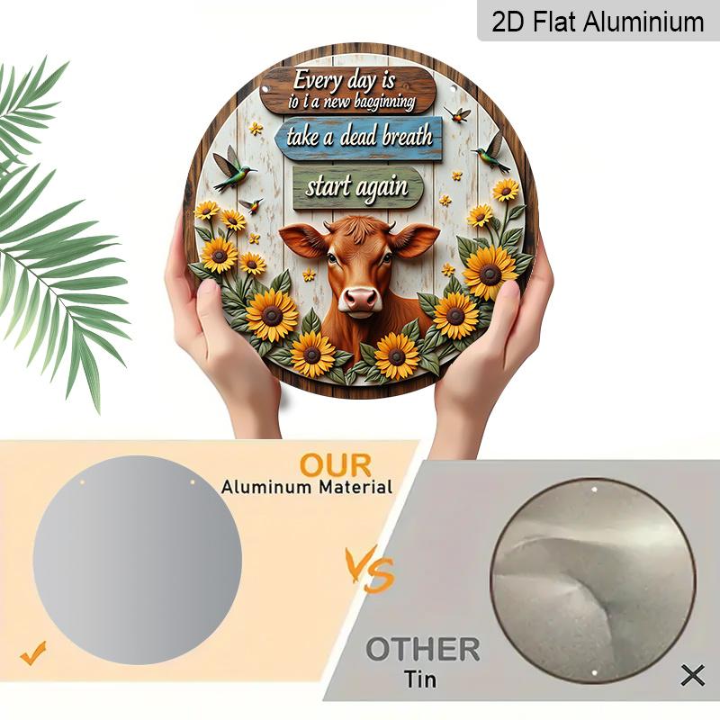 2D Flat, 1pc Round Aluminum Inspirational Farmhouse Sign, "Every Day Is A New Beginning" Quote, 2D Printed Rustic Wood Style with Cute Cow, Bright